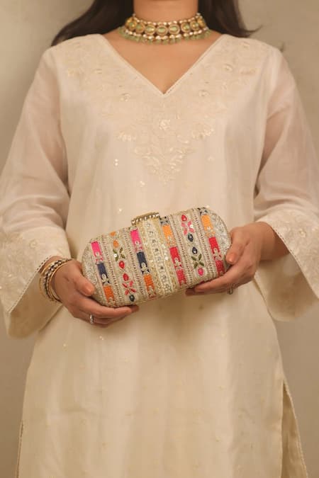 AMYRA Multi Color Embroidery Naaz Capsule Clutch 