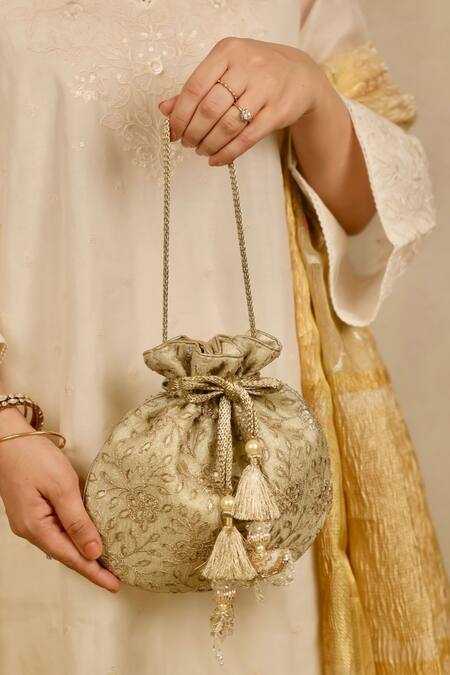 Buy_Amyra_Gold Embroidery, Tassels Tarang Cutwork Potli Bag_Online_at_Aza_Fashions