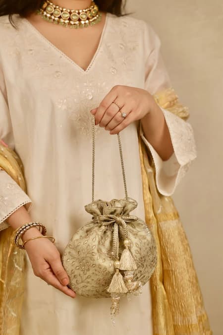 AMYRA Gold Embroidery, Tassels Tarang Cutwork Potli Bag 