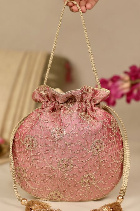 Shop_Amyra_Pink Embroidery, Tassels Tarang Cutwork Potli Bag_Online_at_Aza_Fashions