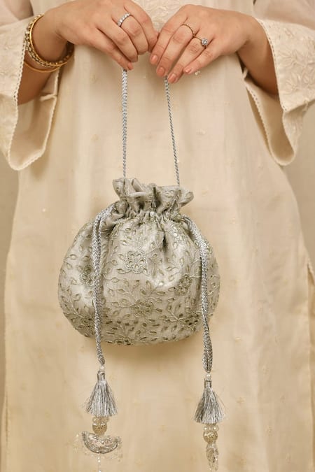 AMYRA Silver Embroidery, Tassels Tarang Cutwork Potli Bag 