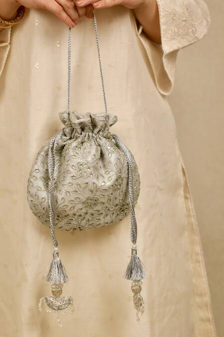 Buy_Amyra_Silver Embroidery, Tassels Tarang Cutwork Potli Bag_Online_at_Aza_Fashions