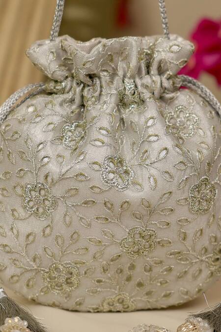 Shop_Amyra_Silver Embroidery, Tassels Tarang Cutwork Potli Bag