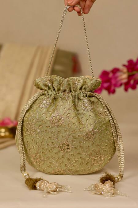 Amyra_Green Embroidery, Cut Work Tarang Potli Bag _Online_at_Aza_Fashions