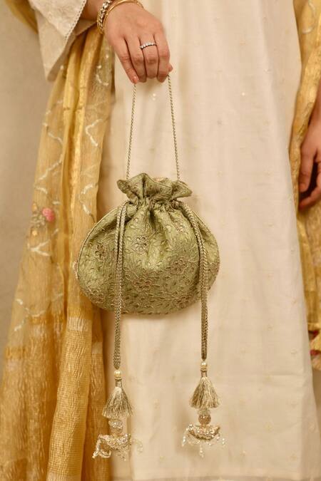 Buy_Amyra_Green Embroidery, Cut Work Tarang Potli Bag _Online_at_Aza_Fashions