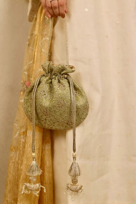 Shop_Amyra_Green Embroidery, Cut Work Tarang Potli Bag _Online_at_Aza_Fashions