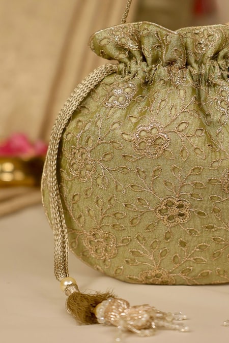 Amyra_Green Embroidery, Cut Work Tarang Potli Bag _at_Aza_Fashions