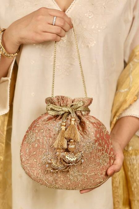 Amyra_Brown Embroidery Tarang Cutwork Potli Bag _Online_at_Aza_Fashions