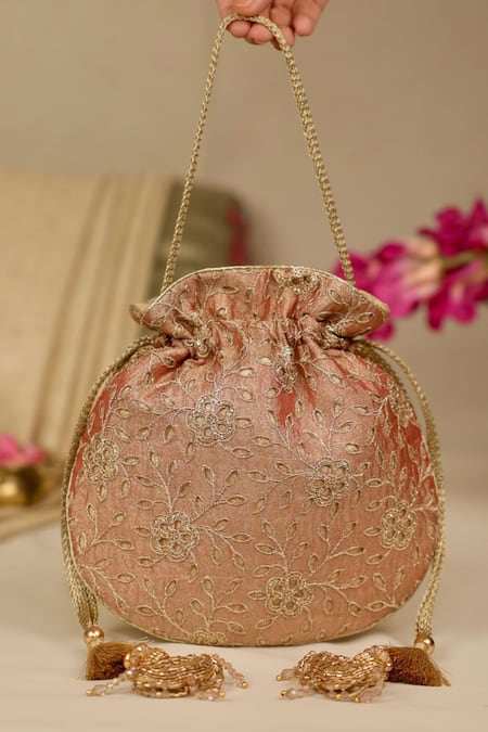 Buy_Amyra_Brown Embroidery Tarang Cutwork Potli Bag _Online_at_Aza_Fashions