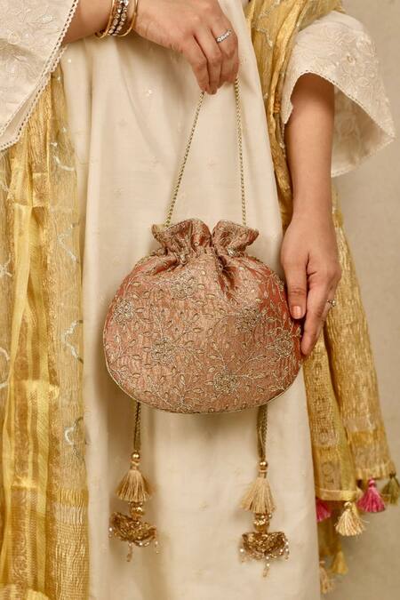 Shop_Amyra_Brown Embroidery Tarang Cutwork Potli Bag _Online_at_Aza_Fashions