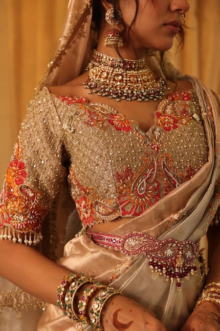 Aditi Gupta_Rose Gold Silk, Tissue Zari, Embroidery, Sequins Sweetheart Neck Saree Set _Online_at_Aza_Fashions