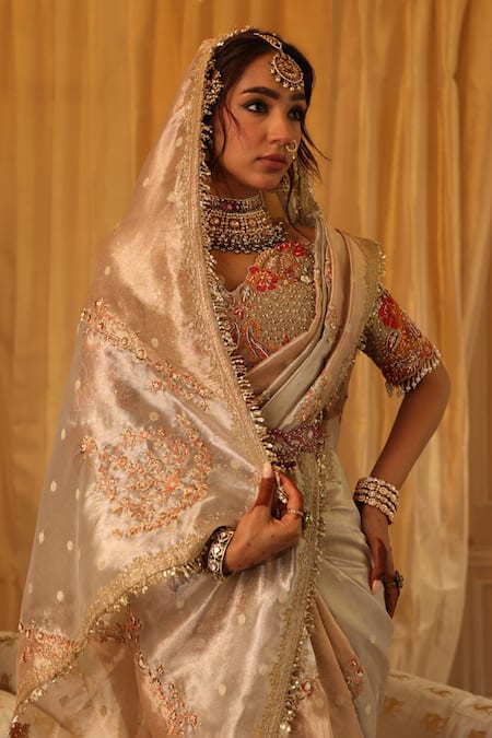 Buy_Aditi Gupta_Rose Gold Silk, Tissue Zari, Embroidery, Sequins Sweetheart Neck Saree Set _Online_at_Aza_Fashions