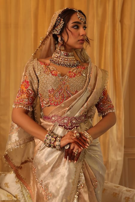 Shop_Aditi Gupta_Rose Gold Silk, Tissue Zari, Embroidery, Sequins Sweetheart Neck Saree Set _Online_at_Aza_Fashions