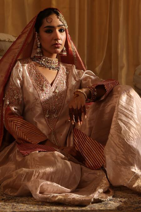 Aditi Gupta Rose Gold Chanderi , Embroidery V-neck Kurta Sharara Set Online at Aza Fashions Aditi Gupta_Rose Gold Chanderi , Embroidery V-neck Kurta Sharara Set _Online_at_Aza_Fashions