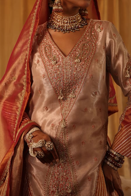 Buy Aditi Gupta Rose Gold Chanderi , Embroidery V-neck Kurta Sharara Set Online at Aza Fashions Buy_Aditi Gupta_Rose Gold Chanderi , Embroidery V-neck Kurta Sharara Set _Online_at_Aza_Fashions