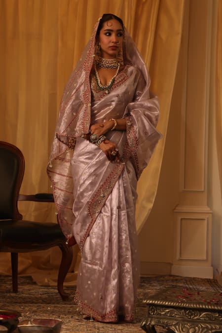 Aditi Gupta Purple Silk, Tissue Embroidery V-neck Zari Saree Set 