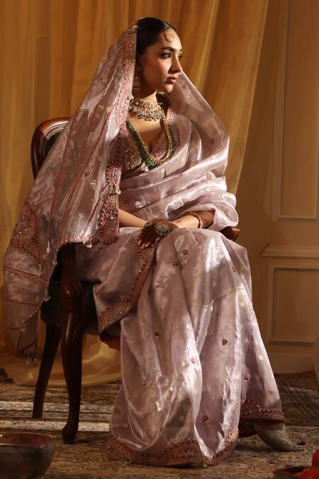 Buy_Aditi Gupta_Purple Silk, Tissue Embroidery V-neck Zari Saree Set _Online_at_Aza_Fashions