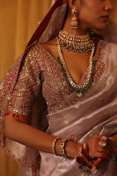 Shop_Aditi Gupta_Purple Silk, Tissue Embroidery V-neck Zari Saree Set _Online_at_Aza_Fashions