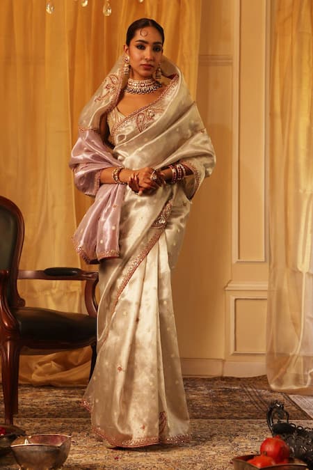 Aditi Gupta Ivory Silk, Tissue Embroidery, Beads, Sequins V-neck Zari Saree Set 