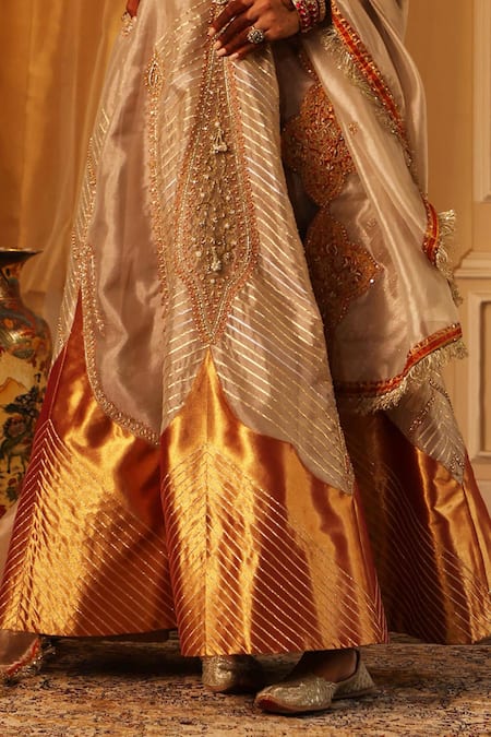 Aditi Gupta_Rose Gold Silk, Tissue Embroidery V-neck Designer Anarkali Set _Online_at_Aza_Fashions