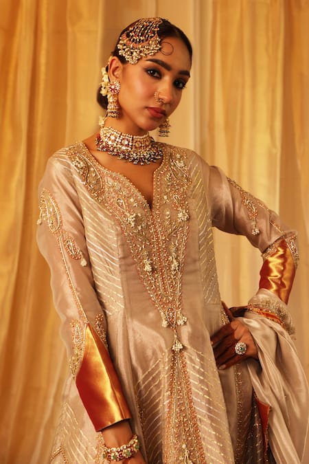 Buy_Aditi Gupta_Rose Gold Silk, Tissue Embroidery V-neck Designer Anarkali Set _Online_at_Aza_Fashions