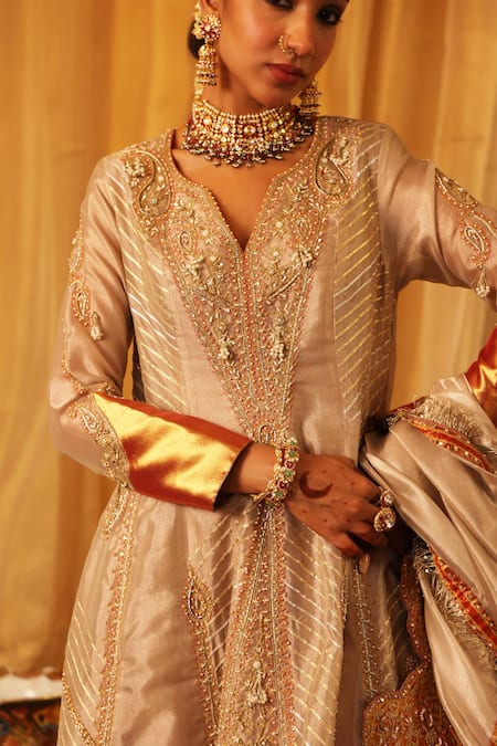 Shop_Aditi Gupta_Rose Gold Silk, Tissue Embroidery V-neck Designer Anarkali Set _Online_at_Aza_Fashions