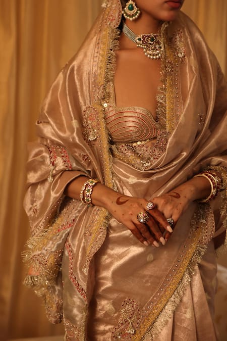 Aditi Gupta_Ivory Silk, Tissue Embroidery Round Neck Zari Saree Set _Online_at_Aza_Fashions