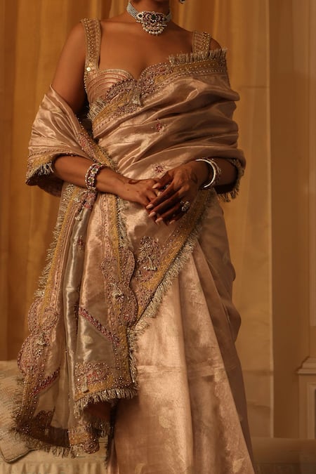 Buy_Aditi Gupta_Ivory Silk, Tissue Embroidery Round Neck Zari Saree Set _Online_at_Aza_Fashions