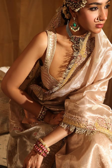 Shop_Aditi Gupta_Ivory Silk, Tissue Embroidery Round Neck Zari Saree Set _Online_at_Aza_Fashions