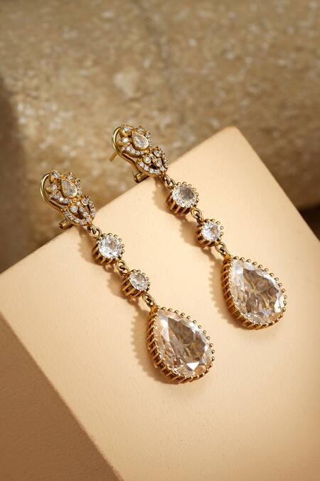 Buy_Tarun Tahiliani_Gold Plated Stones Pear Cushion Silver Danglers _Online_at_Aza_Fashions