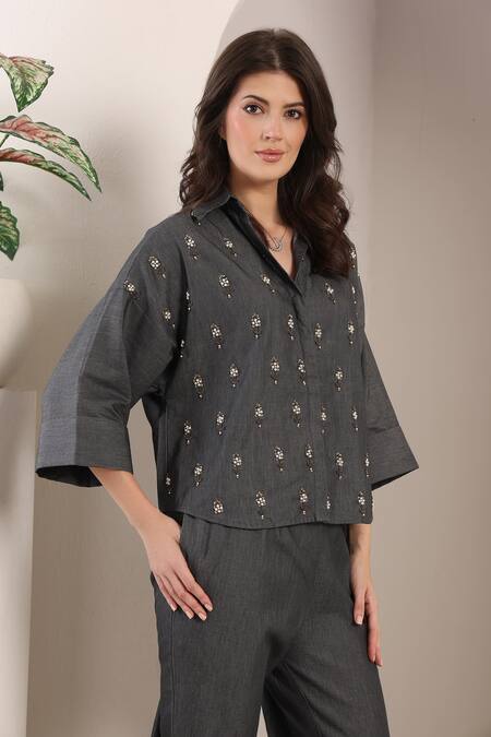 Saaj By Ankita_Charcoal Embroidery Collared Stardust Chambray Co-ord Set _Online_at_Aza_Fashions