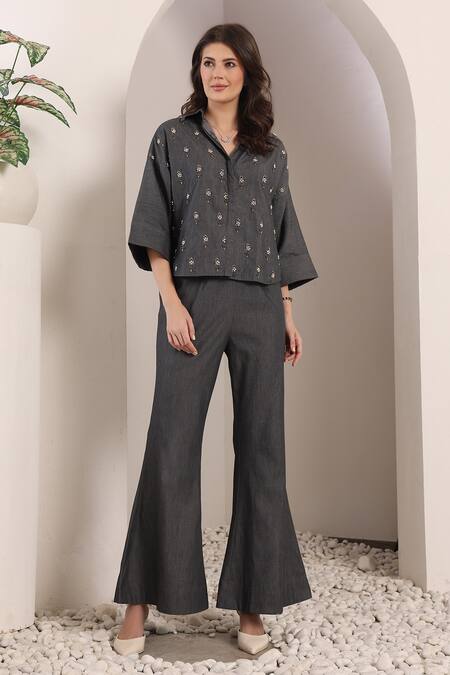 Buy_Saaj By Ankita_Charcoal Embroidery Collared Stardust Chambray Co-ord Set _Online_at_Aza_Fashions