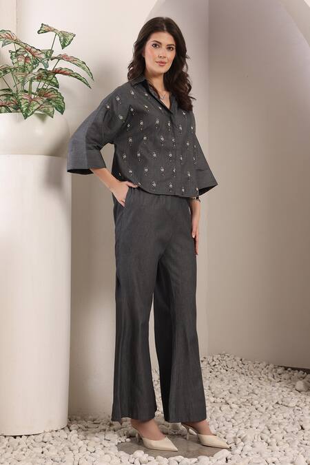 Shop_Saaj By Ankita_Charcoal Embroidery Collared Stardust Chambray Co-ord Set _Online_at_Aza_Fashions