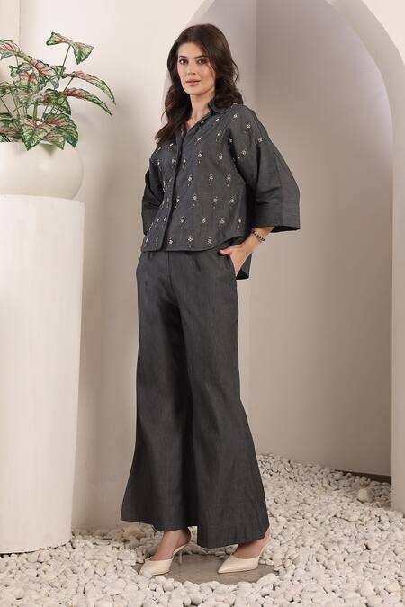 Saaj By Ankita_Charcoal Embroidery Collared Stardust Chambray Co-ord Set _at_Aza_Fashions