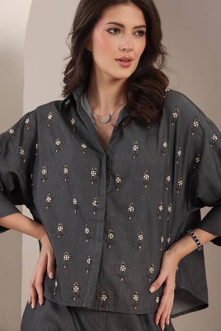 Buy_Saaj By Ankita_Charcoal Embroidery Collared Stardust Chambray Co-ord Set 