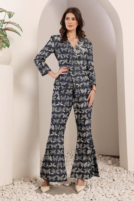 Saaj by Ankita Blue Denim Embroidery V-neck Deep Designer Jacket And Pant Set 
