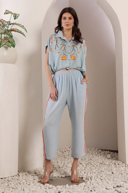 Saaj by Ankita Blue Embroidery Collared Light Chambray Bloom Drift Set 