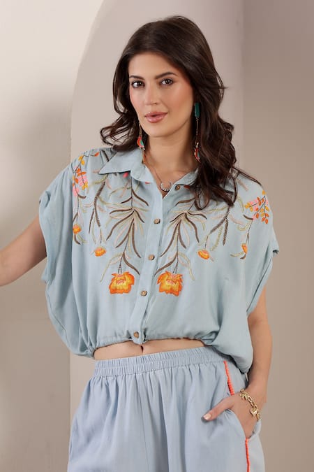 Buy_Saaj By Ankita_Blue Embroidery Collared Light Chambray Bloom Drift Set _Online_at_Aza_Fashions