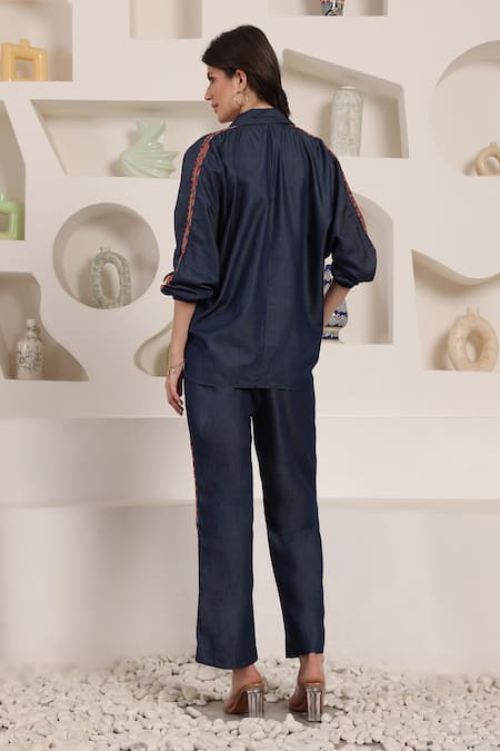 Saaj By Ankita Indigo Bloom Chambray Pant Set 