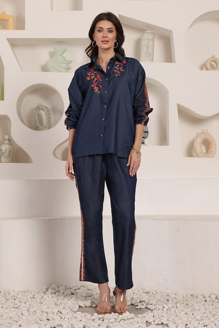 Saaj by Ankita Blue Embroidery Collared Indigo Bloom Chambray Pant Set 