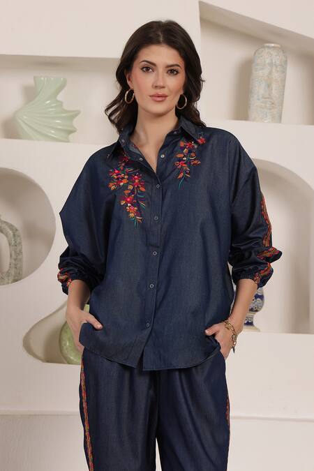 Shop_Saaj By Ankita_Blue Embroidery Collared Indigo Bloom Chambray Pant Set _Online_at_Aza_Fashions