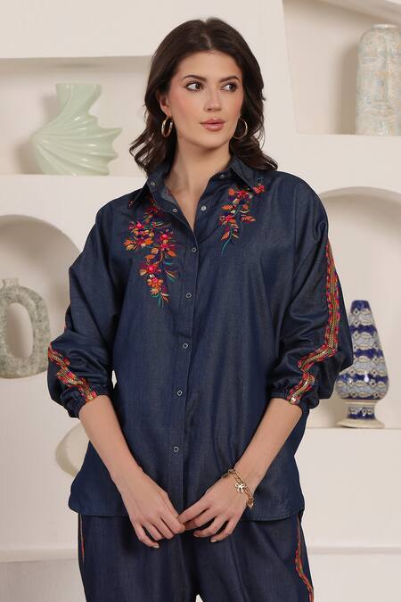 Saaj By Ankita_Blue Embroidery Collared Indigo Bloom Chambray Pant Set _at_Aza_Fashions