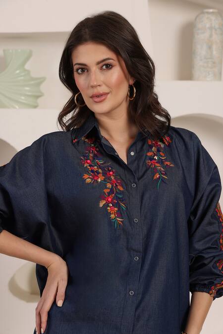 Buy_Saaj By Ankita_Blue Embroidery Collared Indigo Bloom Chambray Pant Set 