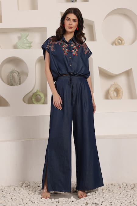 Saaj By Ankita_Blue Embroidery Collared Noir Flora Chambray Pant Set _Online_at_Aza_Fashions