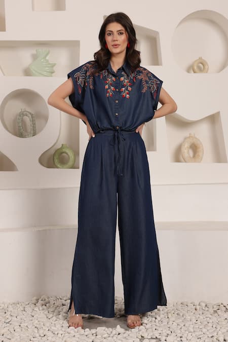 Buy_Saaj By Ankita_Blue Embroidery Collared Noir Flora Chambray Pant Set _Online_at_Aza_Fashions