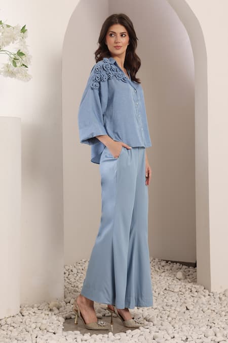 Saaj By Ankita_Sky Blue Denim Fabric Flowers Collared Azure Bloom Co-ord Set _Online_at_Aza_Fashions