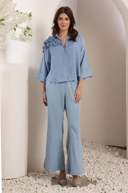 Buy_Saaj By Ankita_Sky Blue Denim Fabric Flowers Collared Azure Bloom Co-ord Set _Online_at_Aza_Fashions