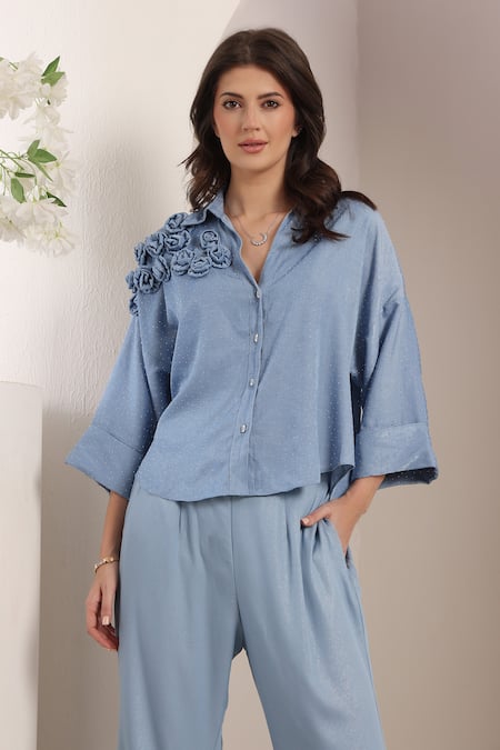 Saaj By Ankita_Sky Blue Denim Fabric Flowers Collared Azure Bloom Co-ord Set _at_Aza_Fashions