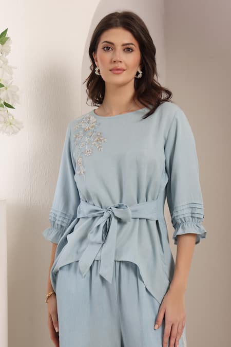 Buy_Saaj By Ankita_Sky Blue Embroidery Round Neck Mistflower Chambray Set _Online_at_Aza_Fashions