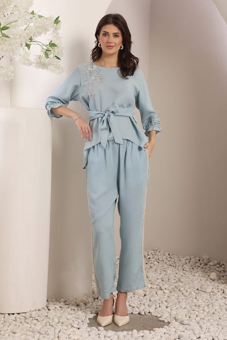 Saaj by Ankita Sky Blue Mistflower Chambray Set 